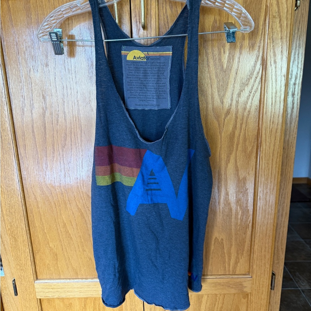 Aviator Nation Navy Tank with Yellow & Orange Stripe Logo